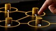 © Generative AI - Human finger selecting a numbered gold coin stack from a glowing network of financial options on dark surface