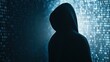 © Generative AI - Silhouette of a hooded figure standing before a glowing digital matrix of binary code representing cybersecurity threats and hacking