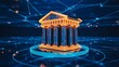 © sunny - Classical financial institution building connected to a digital technology network