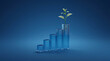 © Rasel - Growing green plant inside glass bar chart representing financial success business development investment progress data.