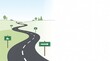 © Dedi - Minimalist flat vector illustration of a winding road leading toward a modern city skyline in the distance. The scene features a curved roadway with white lane markings, green trees, shrubs, direction
