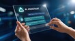 © Hao - Close-up of hands holding tablet device displaying artificial intelligence assistant chatbot conversation interface, requesting data analysis help, representing customer support