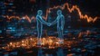 © btiger - Futuristic holographic wireframe figures shaking hands atop glowing stacked digital coins on a circuit board surface with orange stock charts in the background conveying trust and collaboration