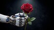 © Rohan - A robotic hand holds a fresh red rose against a dark background.