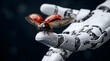© Rohan - A ladybug with spread wings perches on the fingertip of a white robotic hand.