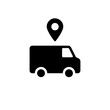 © shahin9 - Black silhouette of a delivery van with a location pin symbol on a white background, for logistics and, tracking concepts