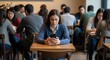 © Hasibnikon - A young professional woman sitting alone in a busy caf, deeply focused on her smartphone while surrounded by other patrons engaged in work and conversation, capturing a modern scene of digital.