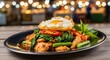 © Welaine - A delectable plate of Thai basil stir-fry, topped with a perfectly fried egg and vibrant chili slices, served in a casual, dimly lit eatery setting.