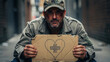 © PETROSYAN ARAM - Homeless man in camouflage cap holding cardboard sign in urban alley. Beggar seeking help with heart and cross symbol on sign. Social welfare concept for charity campaigns and veteran aid awareness.