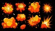 © suldev - Comic explosive effect. Radial explosion icon. Cartoon explode cloudburst, bomb explosion, fire fume, speed smoke ring, blast, gas puffs in air, bang power. Vector set Stock Vector