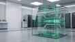 © Juliet Arts - Machine learning data processing cube with glowing digital circuits in a server room.