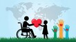 © ID0010 - Disabled person in wheelchair shares a bright red heart with small child against a global map for charity awareness