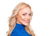 © deagreez - Close up portrait of pretty, trendy, charming,  nice, sexy, cute woman isolated on grey background looking at camera wearing blue roll neck having beaming smile