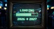 © Faisal - Retro vintage arcade cabinet monitor featuring a glowing green pixel art loading bar with the text '2026 -> 2027 LOADING...' against a space backdrop in a dimly lit arcade setting.