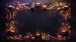 © MstJoma - A dark and spooky halloween frame featuring carved pumpkins and magical glowing potions for your festive holiday party invitation design