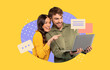 © Prostock-studio - Happy Couple, Young Adults, Smiling While Looking At Laptop Together In Home Office Setting, Engaged In Work Or Project, Friendly Interaction And Collaboration, Business Concept.