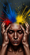 © Mirivox - Portrait of a person with hands on head, colorful paint splashes erupting from head, symbolizing inner turmoil or creative explosion, representing emotion and artistic expression