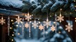 © miss irine - Snow covered roof eave with fir branches adorned with snowflake lights and icicles. Winter holidays decoration creates cozy outdoor ambiance with soft bokeh lights. Festive outdoor scene.