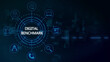 © FlexHand Studio - Digital benchmark concept displayed with glowing blue digital network lines, and circular interface on a dark background, with a subtle, map pattern for, performance metrics themes