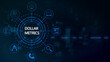 © FlexHand Studio - Digital interface featuring a central circle with the words dollar metrics surrounded by various business and technology on a dark blue background, with a subtle, map pattern and, light lines