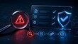 © UA Visuals - Magnifying glass over red alert node near blue document checklist and shield. Concept of cybersecurity audit process and network safety verification.