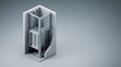 © MdAtiq - An isometric 3D cutaway rendering of a professional dumbwaiter service elevator system showing the interior mechanism and lift car in a gray wall shaft.