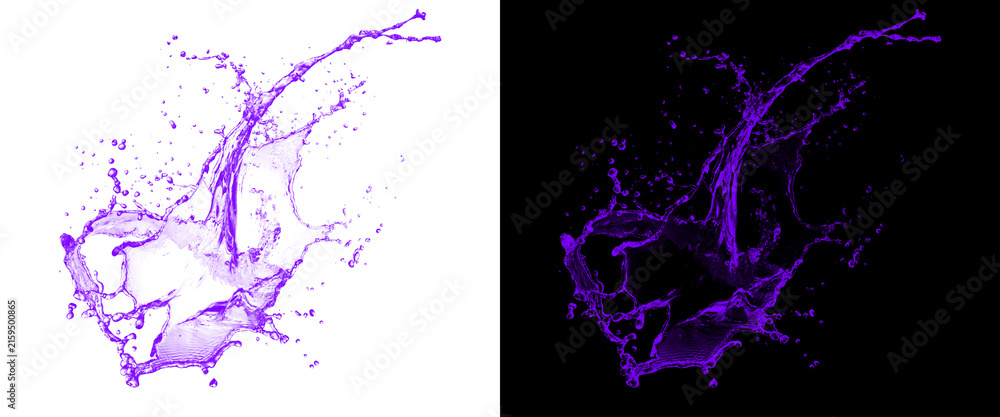 Purple liquid splash on white and black backgrounds, dynamic water ...