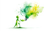 © Newstep - A green figure nurtures a plant that grows into a glowing light bulb, symbolizing ideas, growth, and sustainability in a watercolor style.