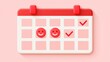 © wilson - 3d monthly calendar icon with two red smiling happy faces and two marked checked days on soft solid pink background representing good mental health and work life balance