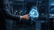 © Aiden - Man interacting with holographic cloud computing interface showing data encryption, upload and download symbols, representing secure cloud storage, server management and big data