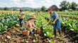 © muhammad - Farmers harvest fresh organic vegetables in a green crop field.