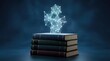 © Sadia - Glowing digital data network structure floating above a stack of old vintage books study concept