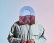 © Ryzhkov - Surreal person with a landscape inside a pale arch instead of a head, featuring soft sage clothing and a clean gradient background for conceptual art and identity themes