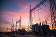 © V-I-S-T-A FORGE - High voltage electrical power substation with transmission towers against a colorful sunset sky. Concept of renewable energy grid infrastructure and national power supply.