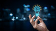 © FATEMATUZ - Human hand holding glowing light bulb with brain illustration icon for innovation and creative thinking innovation creativity lightbulb thinking business technology knowledge intelligence