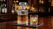 © Yuki - Crystal decanter and glass with amber whiskey and ice on a bar counter