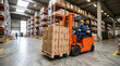 © ZAHL IMAGES - Orange forklift moving heavy stacked cardboard packages in modern logistics warehouse aisle.