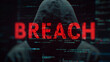 © abdulqayyom - Mysterious hooded hacker figure standing before glowing red digital code displaying large bold security breach text
