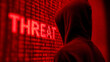 © abdulqayyom - Mysterious hooded hacker observing glowing red binary code text representing digital cyber security online threat concepts