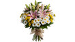 © Md - Beautiful bouquet of pink lilies and white daisies with yellow flowers and green leaves tied with a ribbon isolated on transparent background