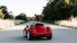 © Bonsales - Young girl driving red toy car on road, heading towards horizon, symbolizing childhood adventure and freedom