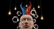 © BackgroundStudio - Surreal human head with splashing colorful paint and floating glass polygons against a dark background with hanging lightbulbs.