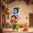 © surya - Cute cartoon illustration of little Krishna stealing butter from a hanging pot during Janmashtami festival celebrations in a traditional Indian house setting.