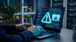 © MD PAIKAM  - Person working on a laptop with a digital security warning and lock icon on the screen in a dark office