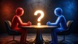 © Halina - Two abstract figures facing each other with glowing question mark symbol representing debate decision and discussion