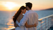 © Nataliya - Faceless couple standing side by side on the upper deck of a cruise ship, looking toward a glowing sunset over the sea, relaxed vacation mood, elegant summer clothing, romantic