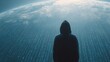 © Nart - A hooded hacker silhouette stands before a glowing digital world. Streams of binary code and cyberpunk lighting evoke a global cybersecurity threat atmosphere.