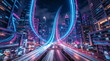 © Baskara - Veduta notturna di una metropoli moderna con scie luminose colorate che attraversano il centro urbano.