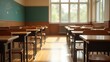 © rahwik - empty bright high school classroom interior shot with vintage wooden desks and chairs for nostalgic commercial advertising text overlay space