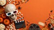 © Untethered Horizon - Human skull wearing 3D glasses with popcorn and movie props on orange background.